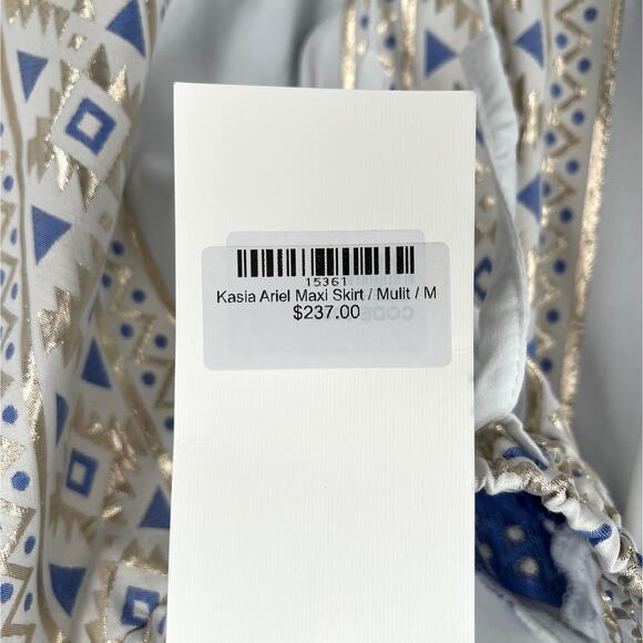KASIA Ariel Maxi Skirt Womens Medium White Metallic Gold Blue Aztec Print Tiered - Picture 11 of 13